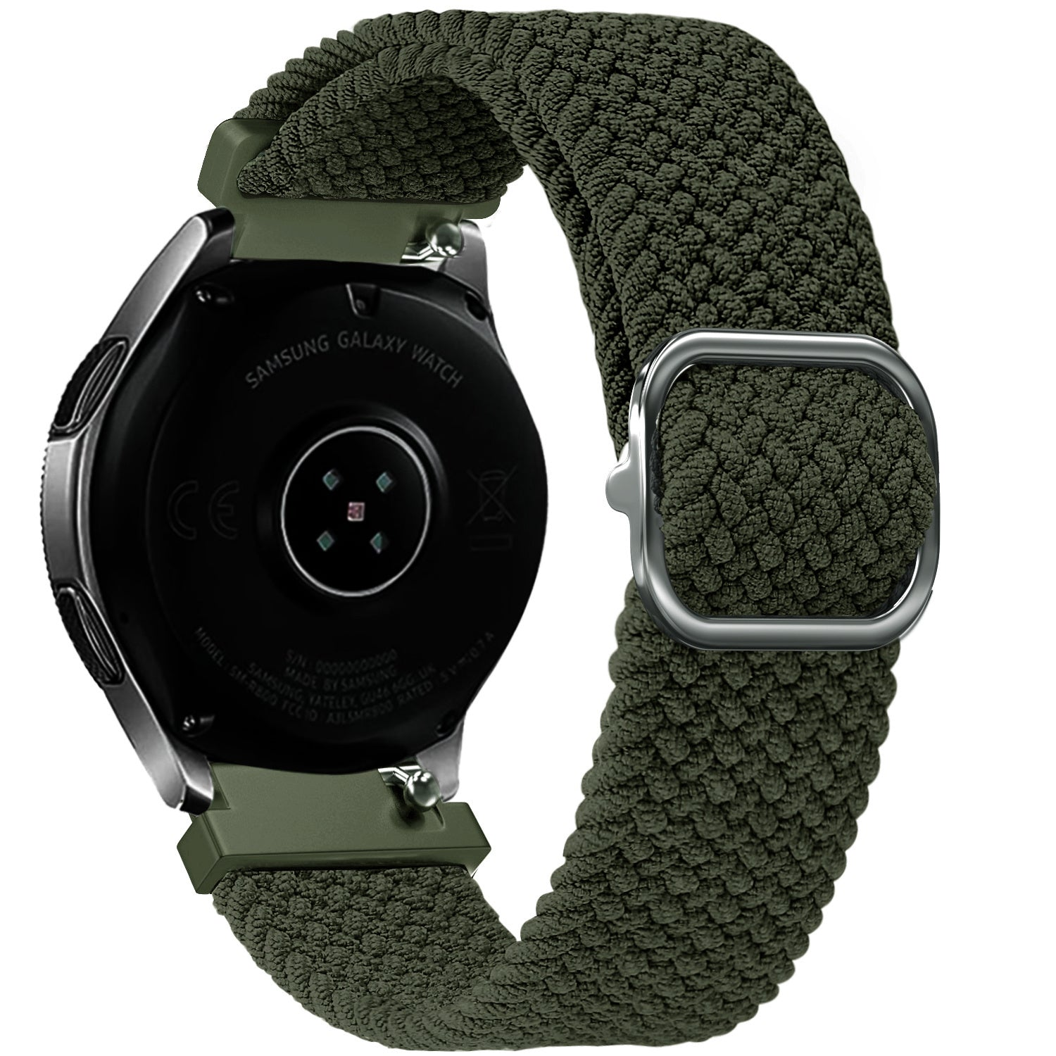Eine Samsung Galaxy Watch mit grünem geflochtenem Armband. Die Rückseite der Uhr zeigt Details und Branding. Das Armband hat eine Silberschnalle.