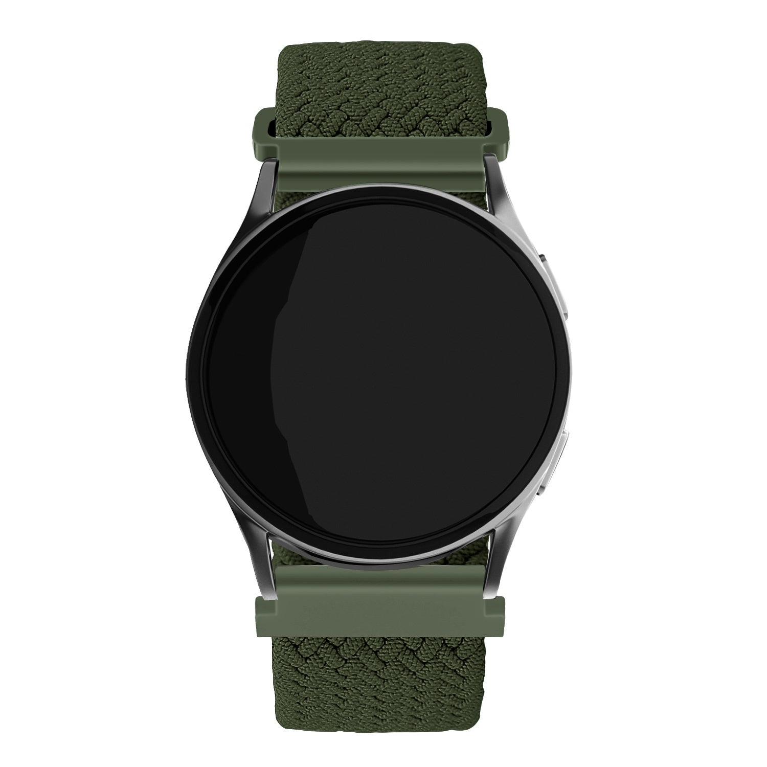 Eine runde Smartwatch mit schwarzem Bildschirm, silberner Lünette und grünem Armband. Das Armband besteht aus strukturiertem grünem Stoff.