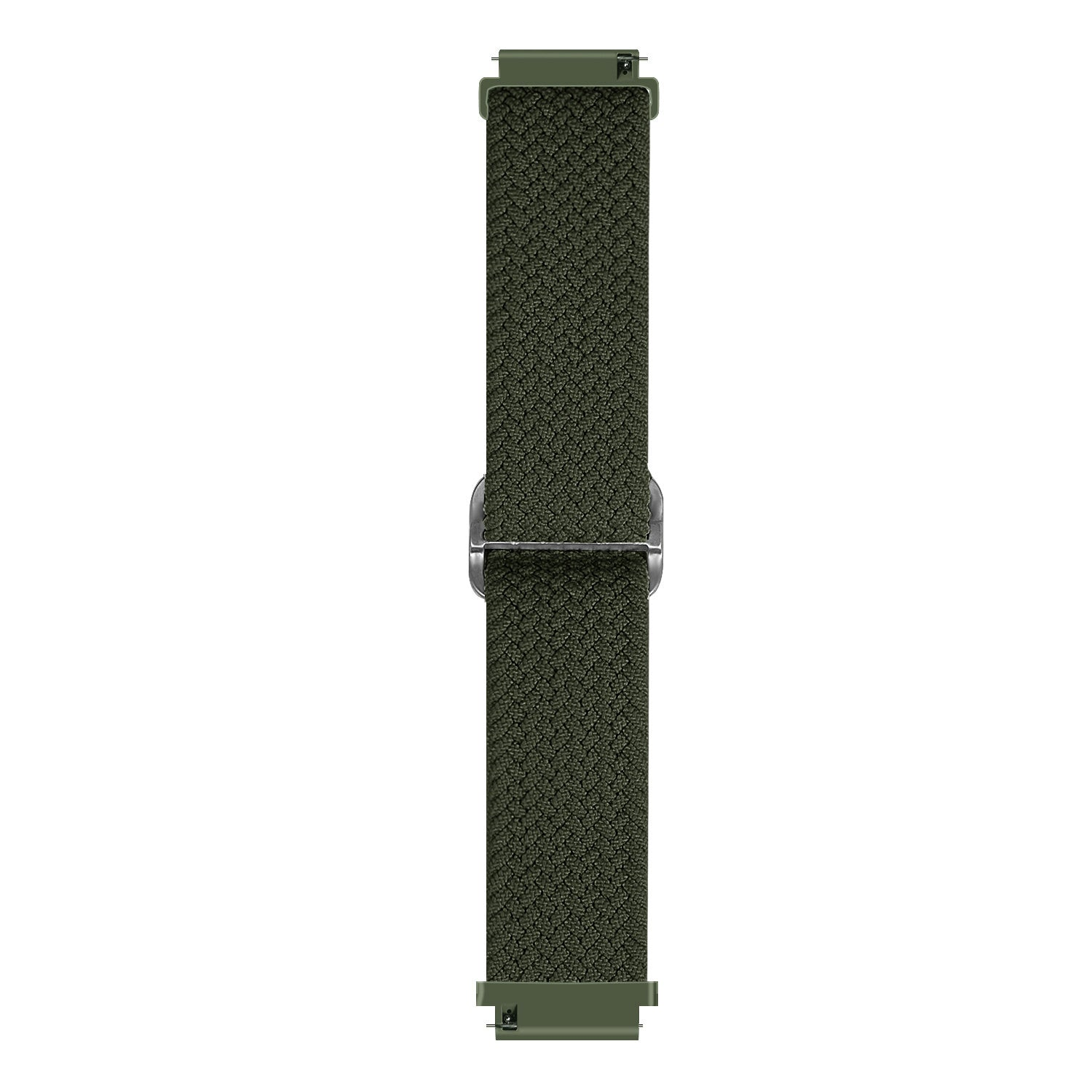 Ein olivgrünes Uhrenarmband mit silberner Schnalle. Das Armband hat eine strukturierte Stoffoptik.