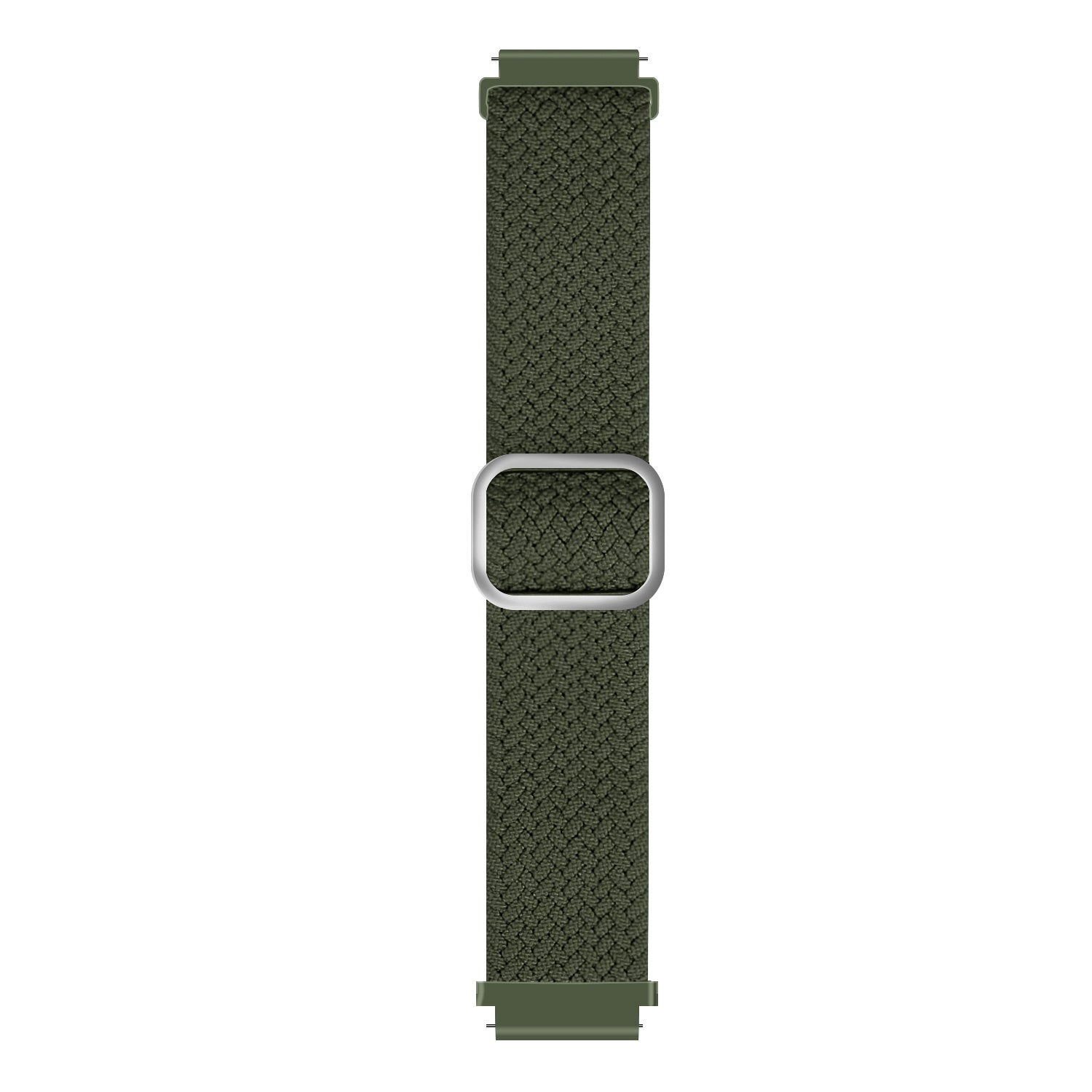 Ein olivgrünes Uhrenarmband mit silberner Schnalle liegt vor weißem Hintergrund. Das Band hat eine gewebte Textur.