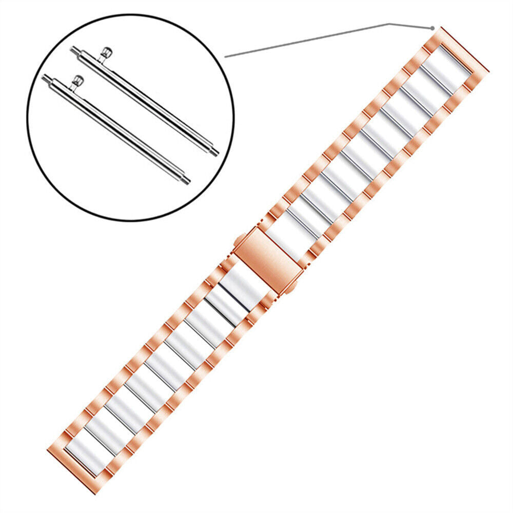 Roségoldenes Uhrenarmband mit weißen und silbernen Gliedern. Zwei silberne Stifte sind oben in einem Kreis abgebildet.