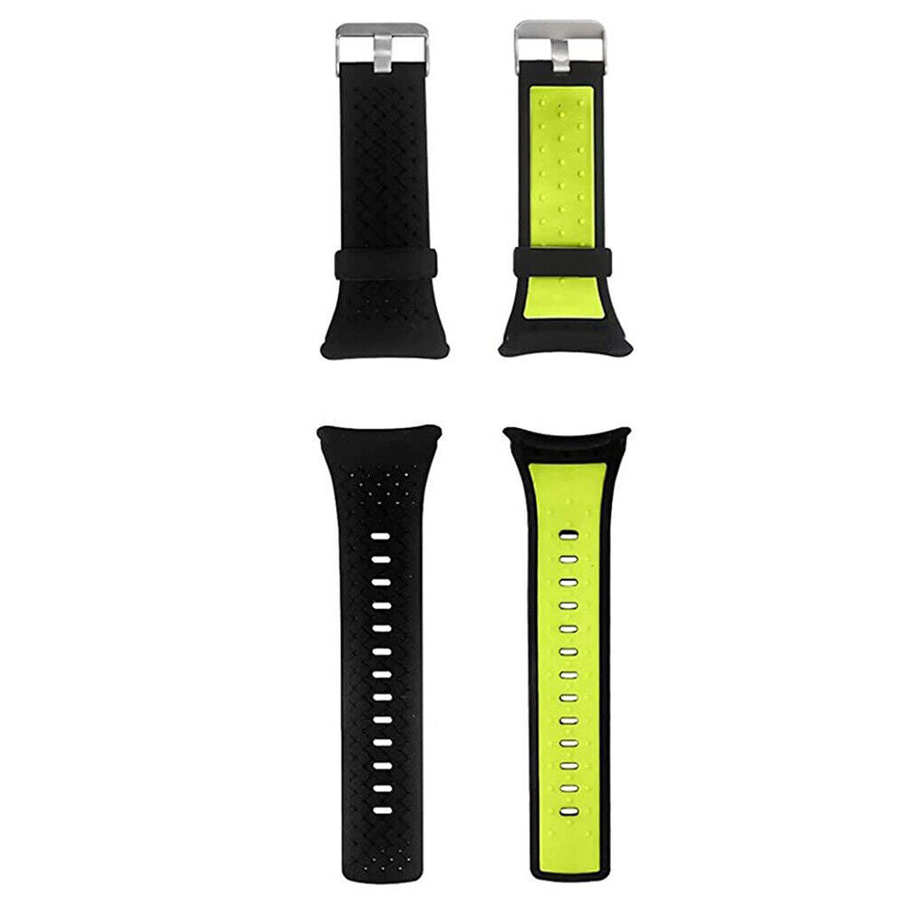 Armbänder, zwei schwarz und zwei mit grünen Akzenten. Jeder Riemen hat an einem Ende eine Schnalle und Löcher oder eine grüne Innenschicht.