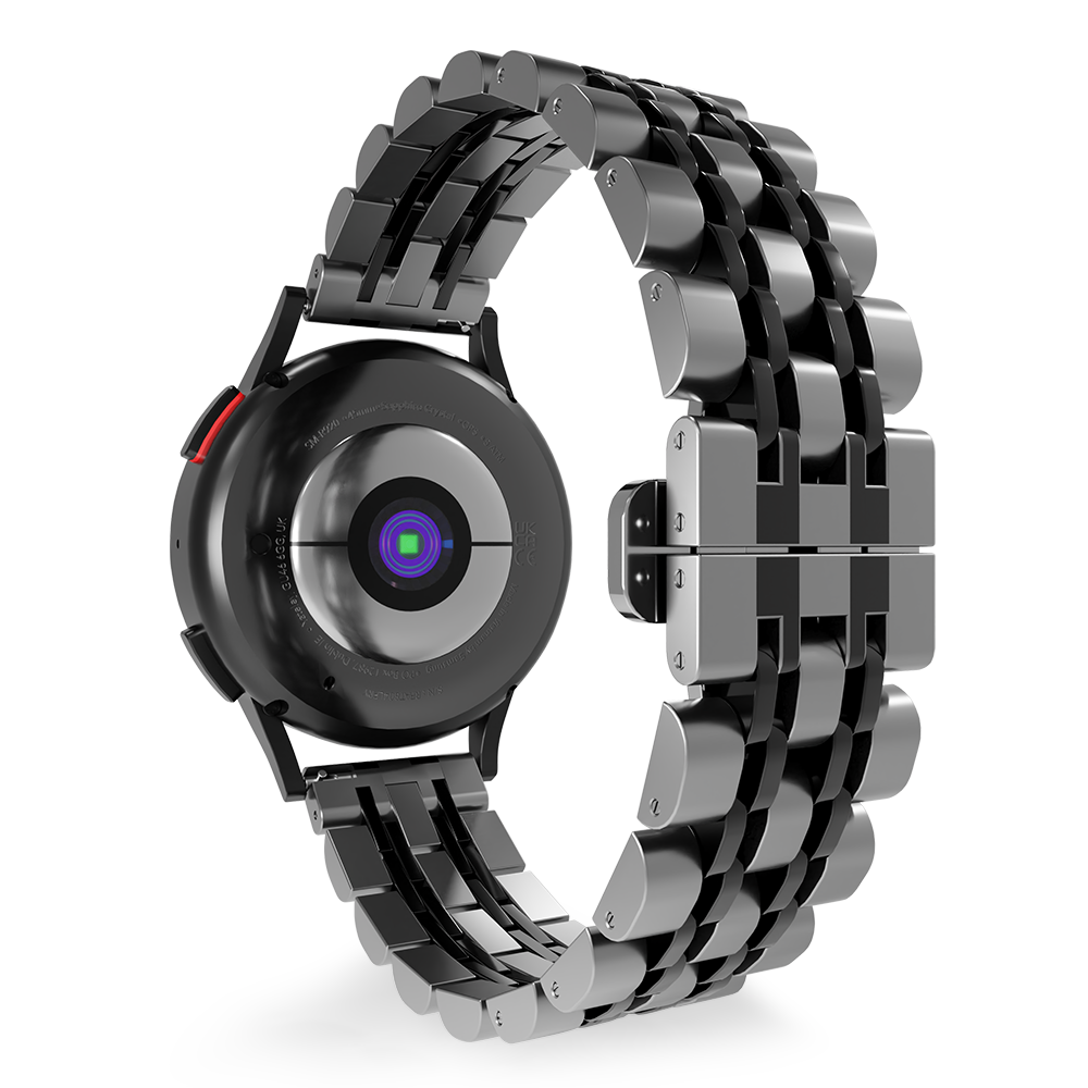 Eine schwarze Smartwatch mit Metallarmband. Das Zifferblatt ist schwarz, das Armband silberfarben. Die Rückseite der Uhr ist sichtbar.