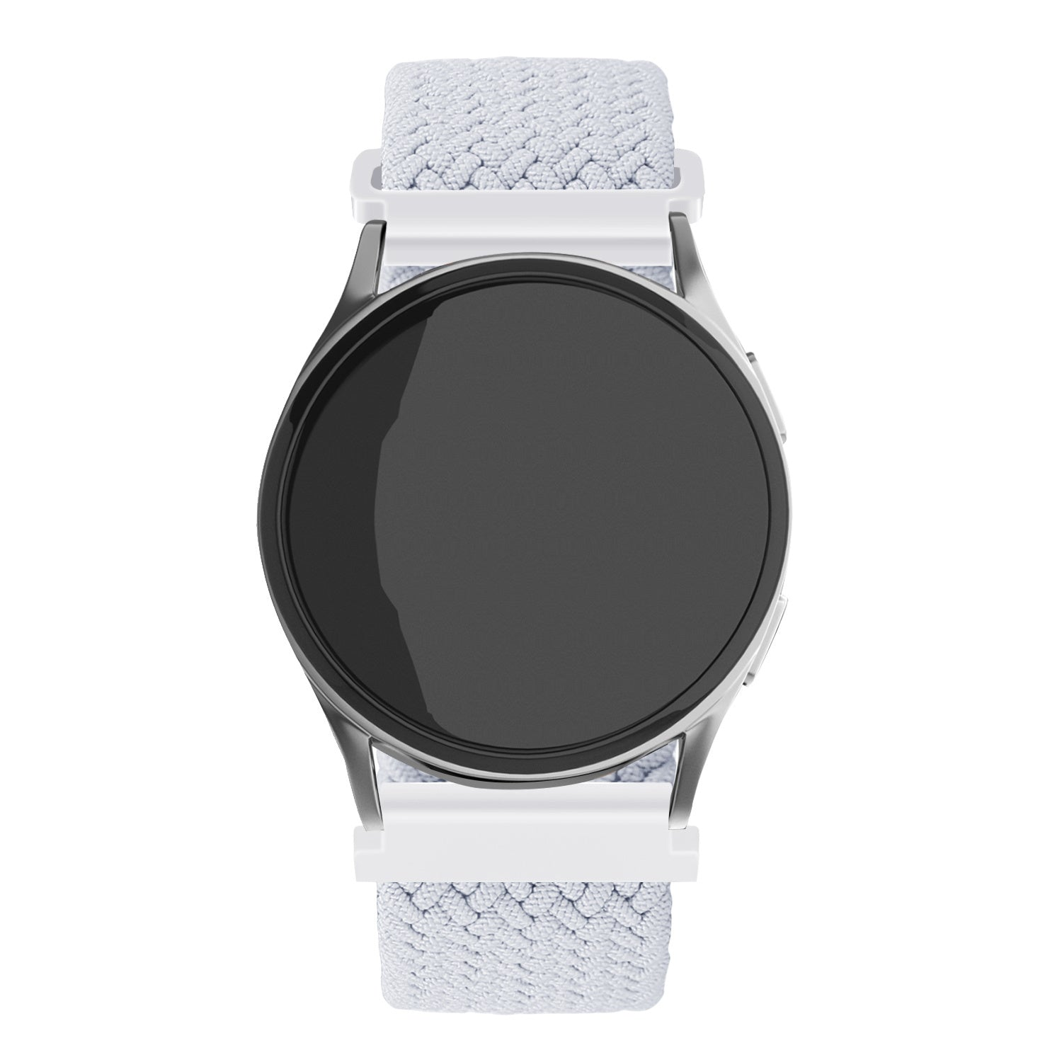 Eine Smartwatch mit schwarzem Bildschirm, silbernem Rahmen, weißen Bandhaltern und hellgrauem gewebtem Band. Isoliert auf weißem Hintergrund.