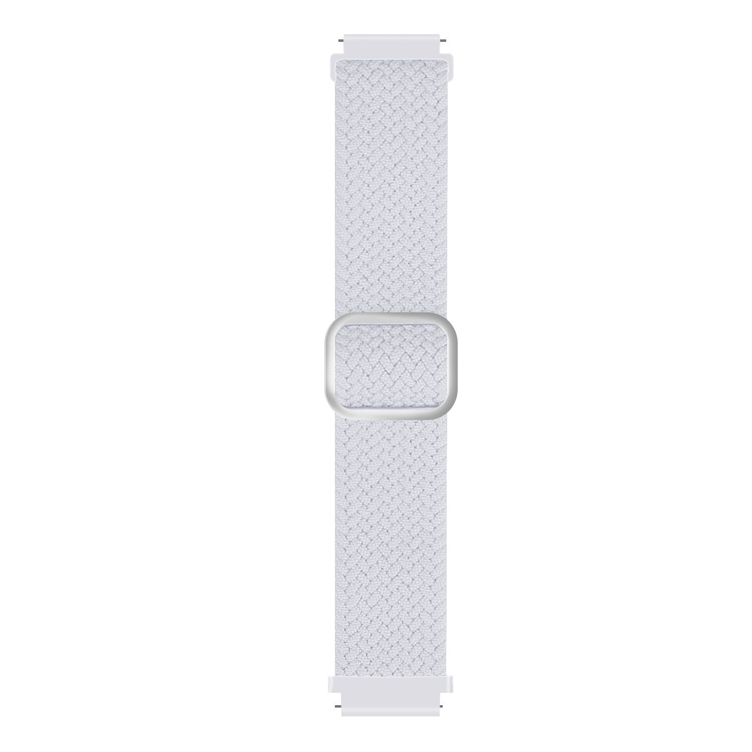 Ein hellgraues Uhrenarmband liegt vertikal. Es hat eine gewebte Textur, eine silberne Schnalle und weiße Anschlüsse an jedem Ende.