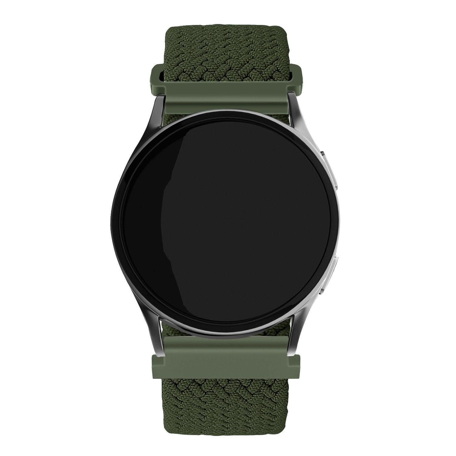 Eine runde Smartwatch mit schwarzem Bildschirm. Sie hat einen silbernen Rahmen und grüne Armbänder mit Textur.