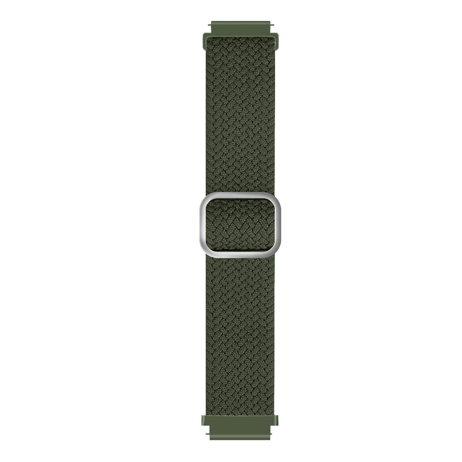Ein olivgrünes Uhrenarmband. Es hat eine strukturierte Oberfläche und eine silberne Schnalle.