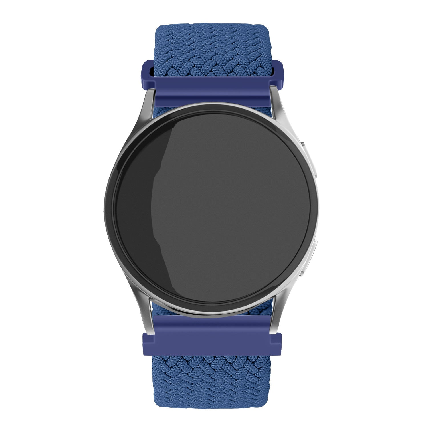 Eine silberne Smartwatch mit schwarzem Bildschirm und blauen Armbändern. Die Armbänder haben ein strukturiertes Muster. Die Uhr ist auf weißem Hintergrund zentriert.