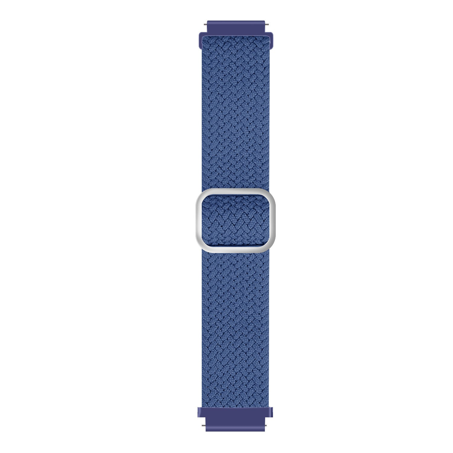 Ein blau gewebtes Smartwatch-Armband mit silberner Schnalle. Das Armband befindet sich auf weißem Hintergrund. Es scheint neu zu sein.