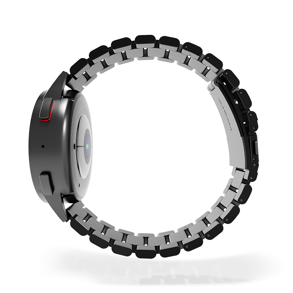 Eine schwarze Smartwatch mit Metallarmband. Die Uhr ist rund mit einer schwarzen Lünette. Das Armband wechselt zwischen schwarzen und silbernen Gliedern.