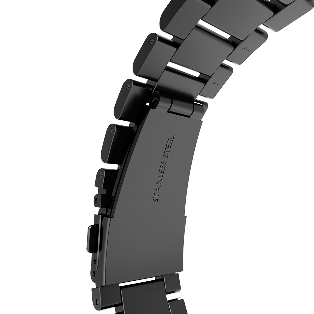 Nahaufnahme eines schwarzen Edelstahl-Armbands. Der Verschluss ist sichtbar, mit 'STAINLESS STEEL' markiert. Die Glieder sind verbunden.