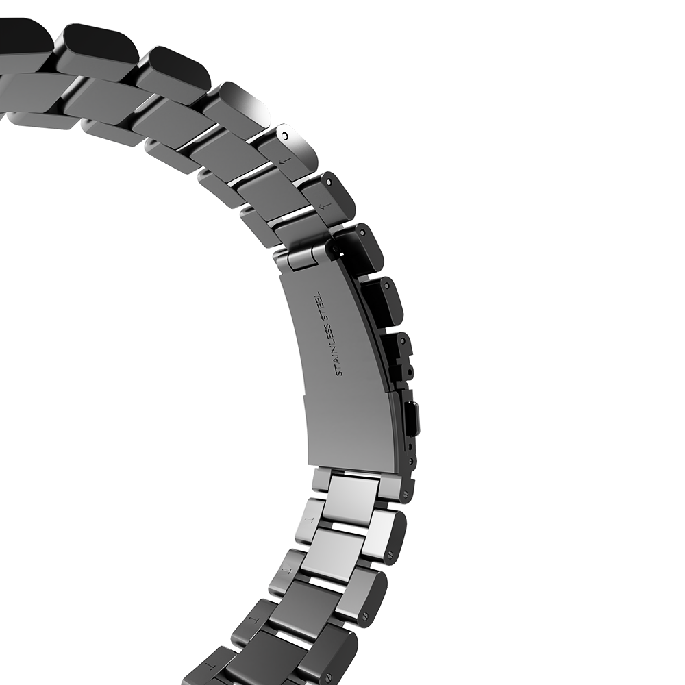 Ein metallisches Armband in einem Halbkreis. Der Verschluss ist sichtbar, mit der Aufschrift 'STAINLESS STEEL'. Die Glieder sind dunkelgrau vor weißem Hintergrund.