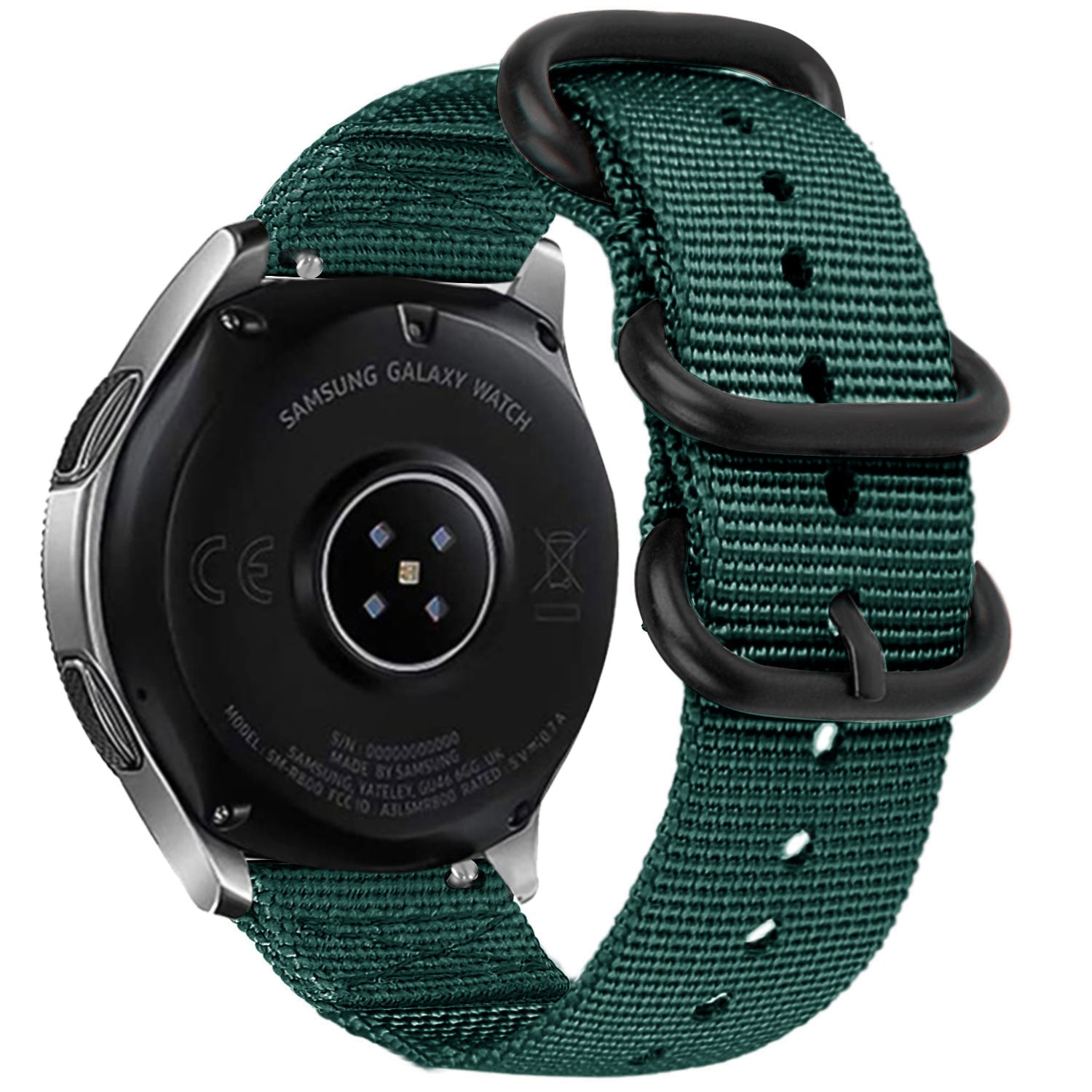 Eine Samsung Galaxy Uhr mit grünem Armband. Das Zifferblatt ist schwarz mit silbernen Rändern. Das Armband hat schwarze Schlaufen.