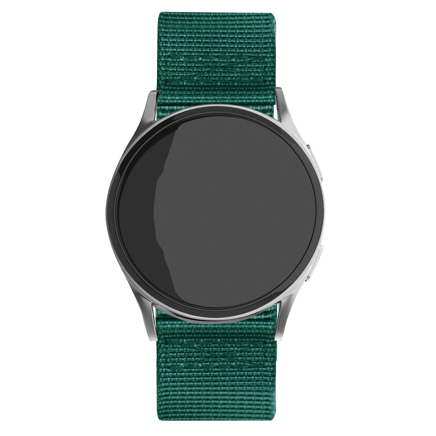 Eine silberne Smartwatch mit schwarzem Bildschirm und grünem Stoffarmband. Die Uhr ist vor weißem Hintergrund zentriert.