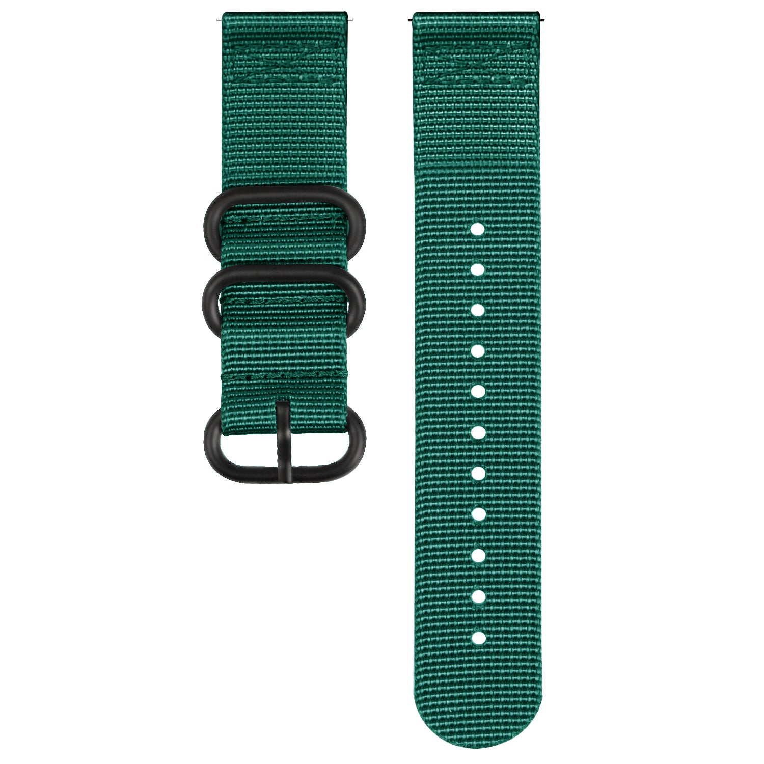 Zwei Teile eines tealfarbenen Uhrenarmbands. Eines hat schwarze Ringe und eine Schnalle, das andere Löcher. Beide haben eine gewebte Textur.