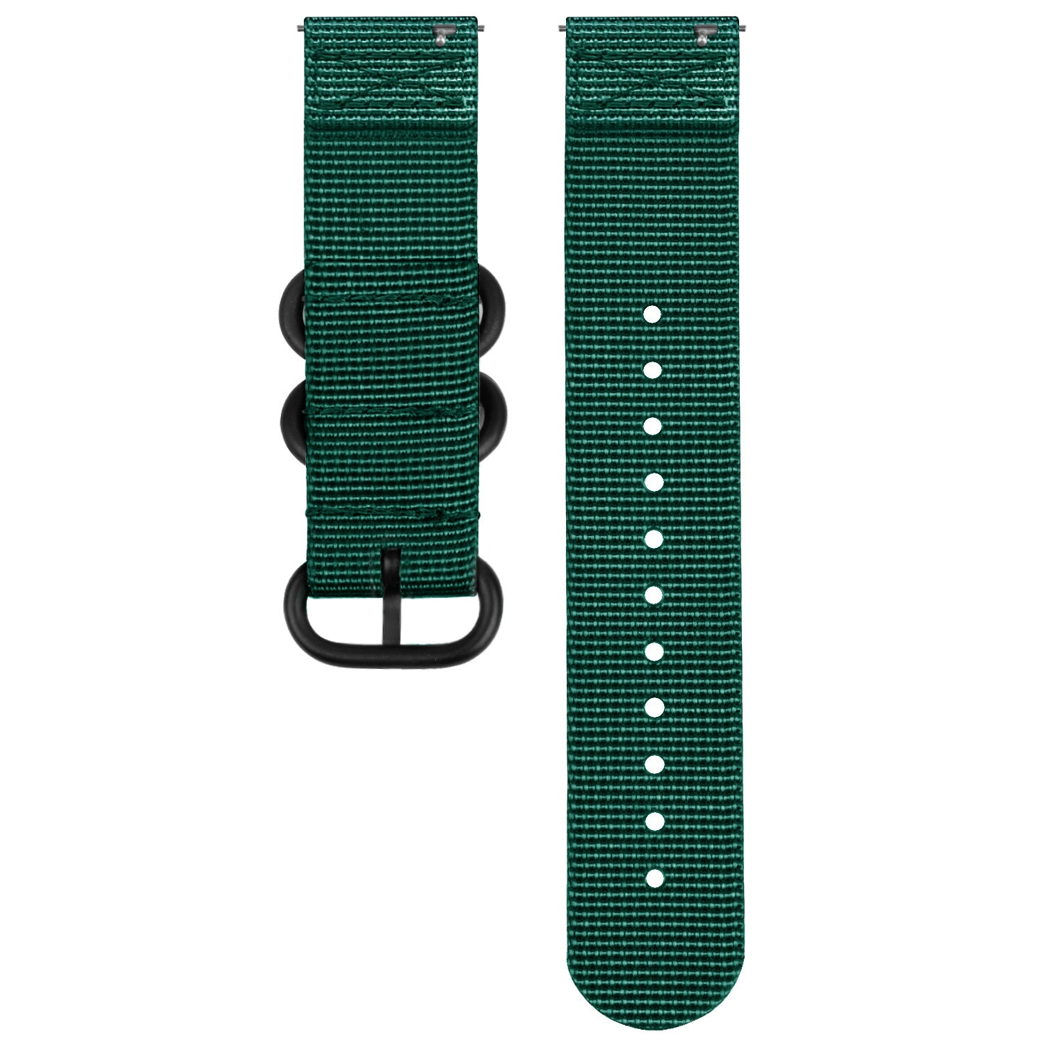 Dunkelgrünes Uhrenarmband mit schwarzer Metallhardware. Ein Teil hat Löcher, das andere Schlaufen zum Befestigen der Uhr.