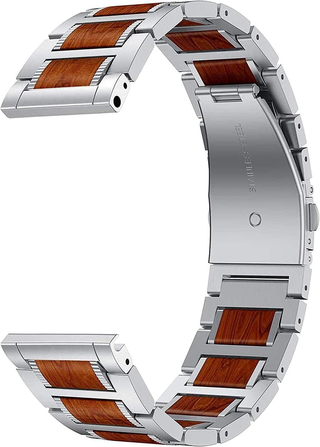 Ein Edelstahl-Uhrenarmband mit Holzeinsätzen. Der Verschluss ist sichtbar, und darauf steht 'EDELSTAHL'.