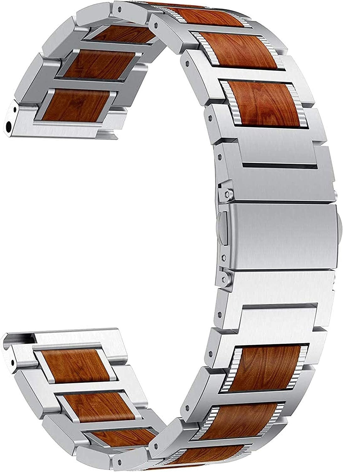 Ein metallisches Uhrenarmband mit Holzeinsätzen. Das Band ist gebogen. Das Holz ist braun und das Metall silberfarben. Das Band ist geschlossen.