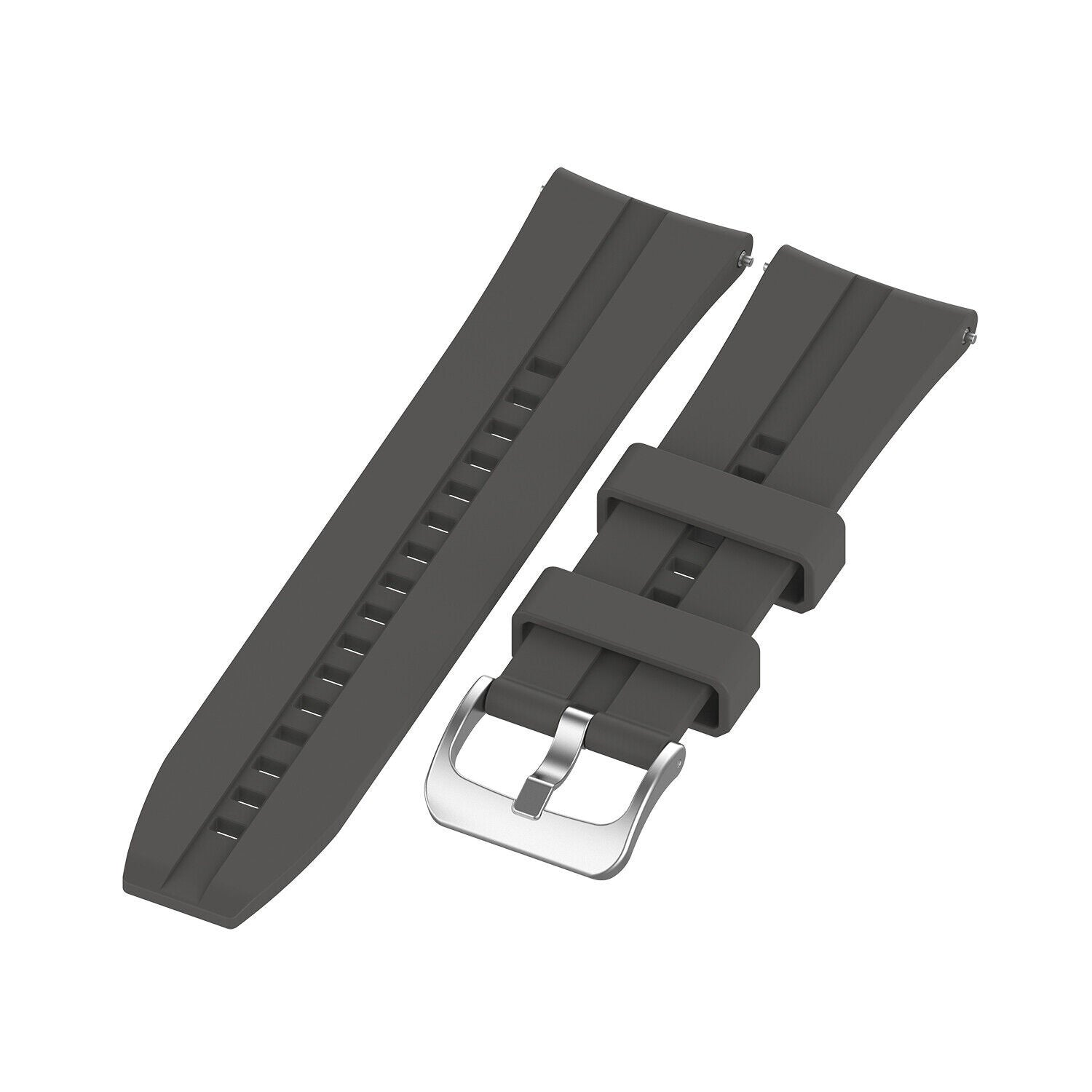 Zwei graue Uhrenarmbänder auf weißem Hintergrund. Eines ist länger und hat Schlitze. Das andere hat eine Metallschnalle.