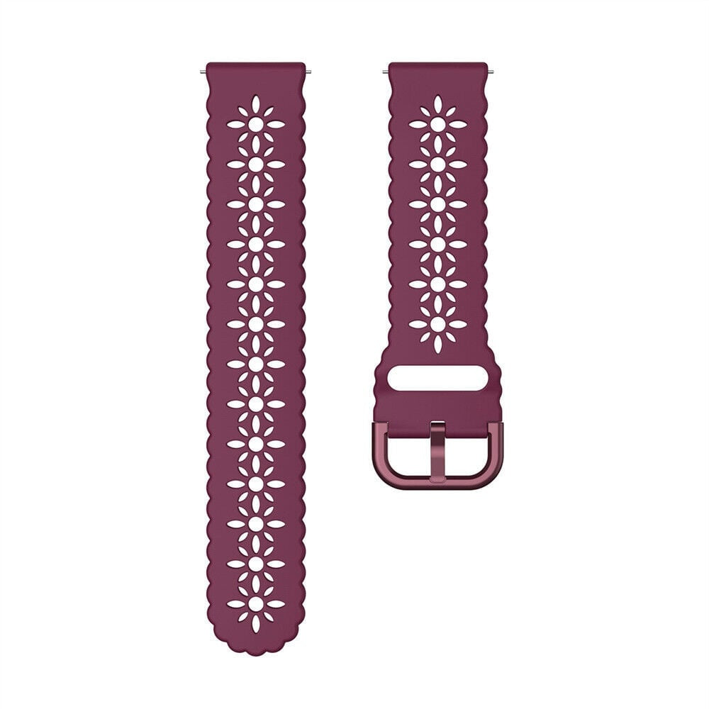 Zwei weinrote Uhrenarmbänder mit Blumenausschnitten. Ein Armband hat eine Schnalle. Weißer Hintergrund.