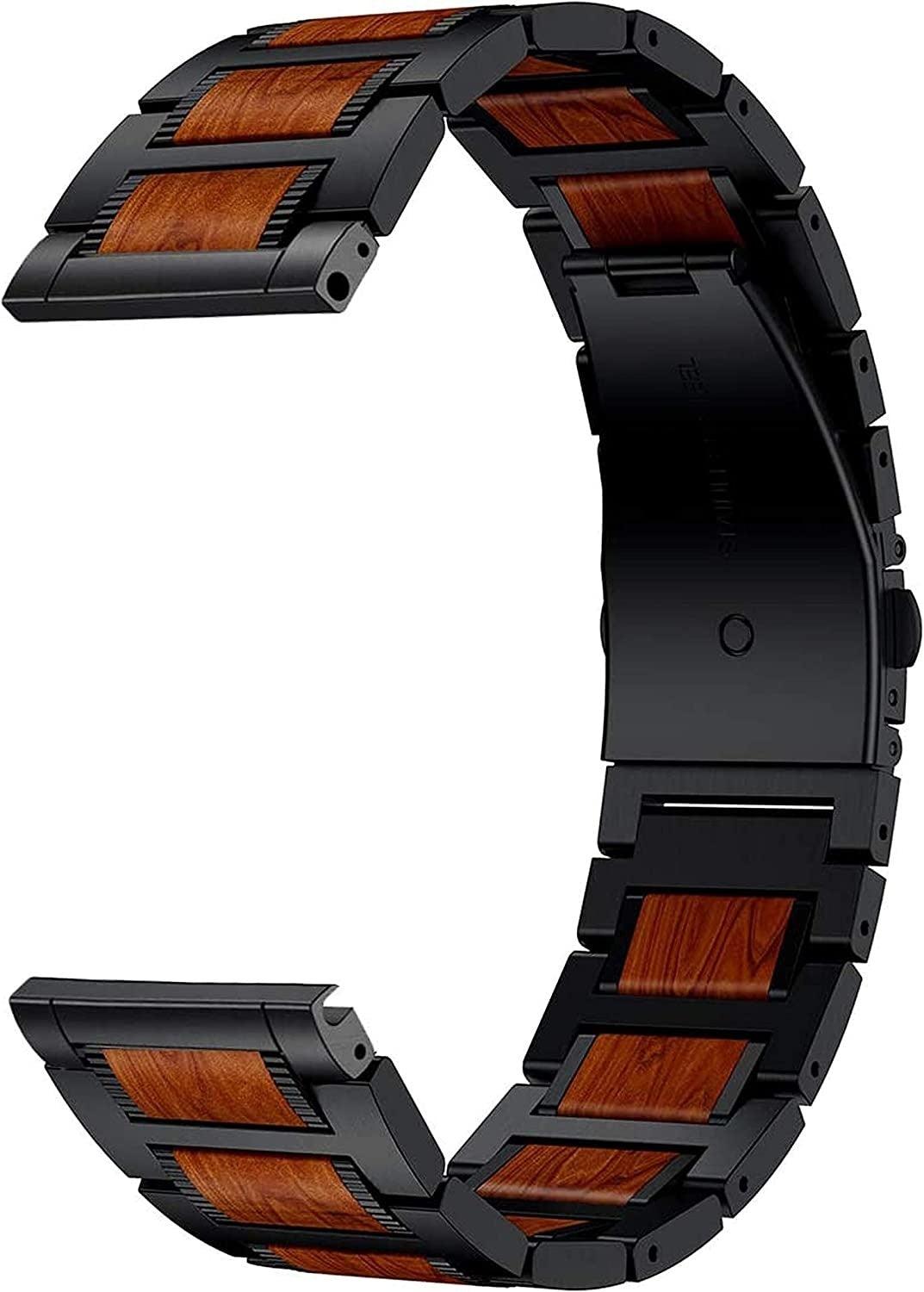 Nahaufnahme eines Uhrenarmbands mit schwarzen Metallgliedern und Holzeinsätzen. Das Band ist gebogen und zeigt die kontrastierenden Texturen und Farben.