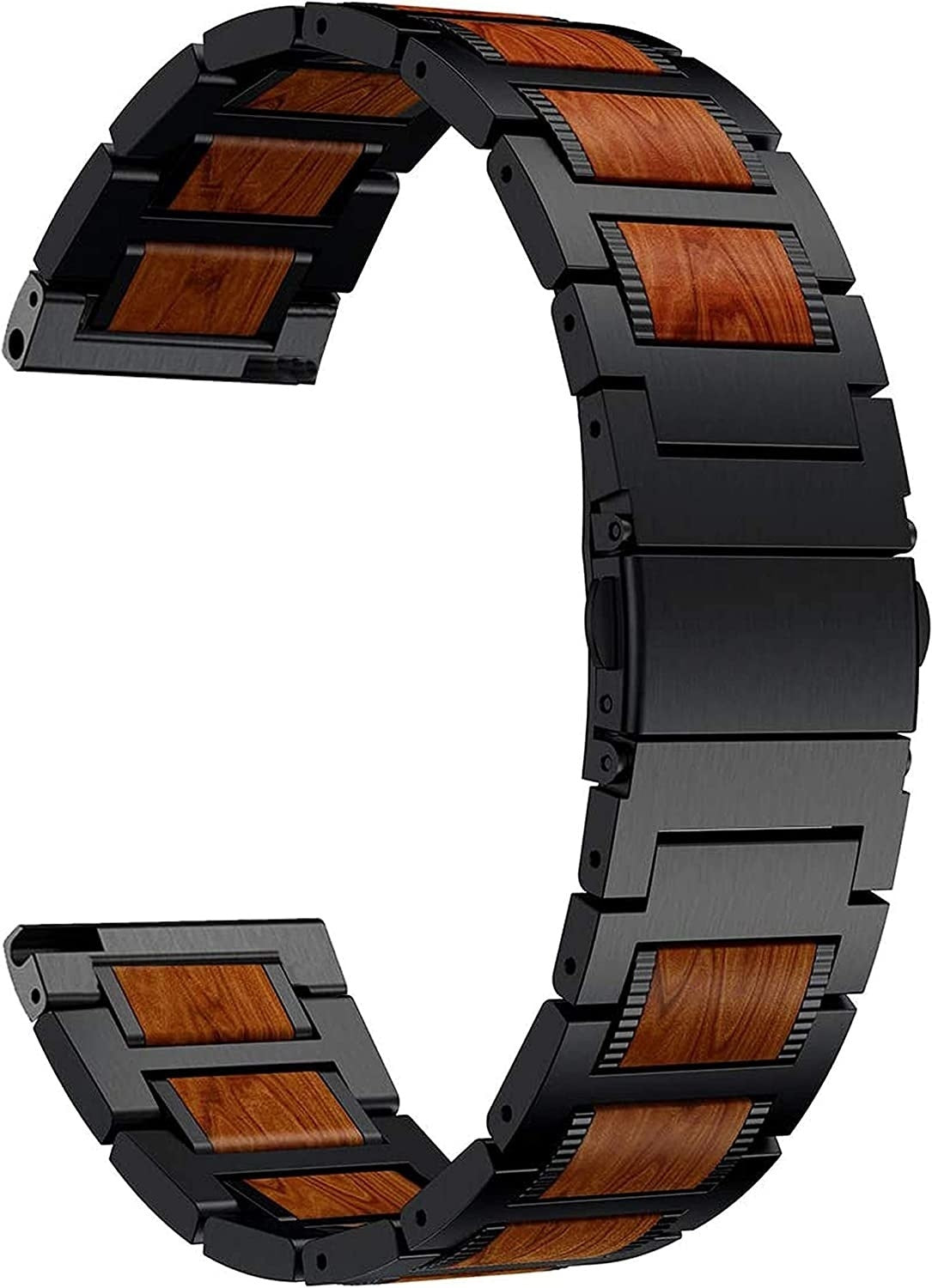 Schwarzes Uhrenarmband mit Holzeinlagen. Das Armband ist gebogen und zeigt die Schließe und die Glieder. Das Holz hat eine warme braune Farbe.