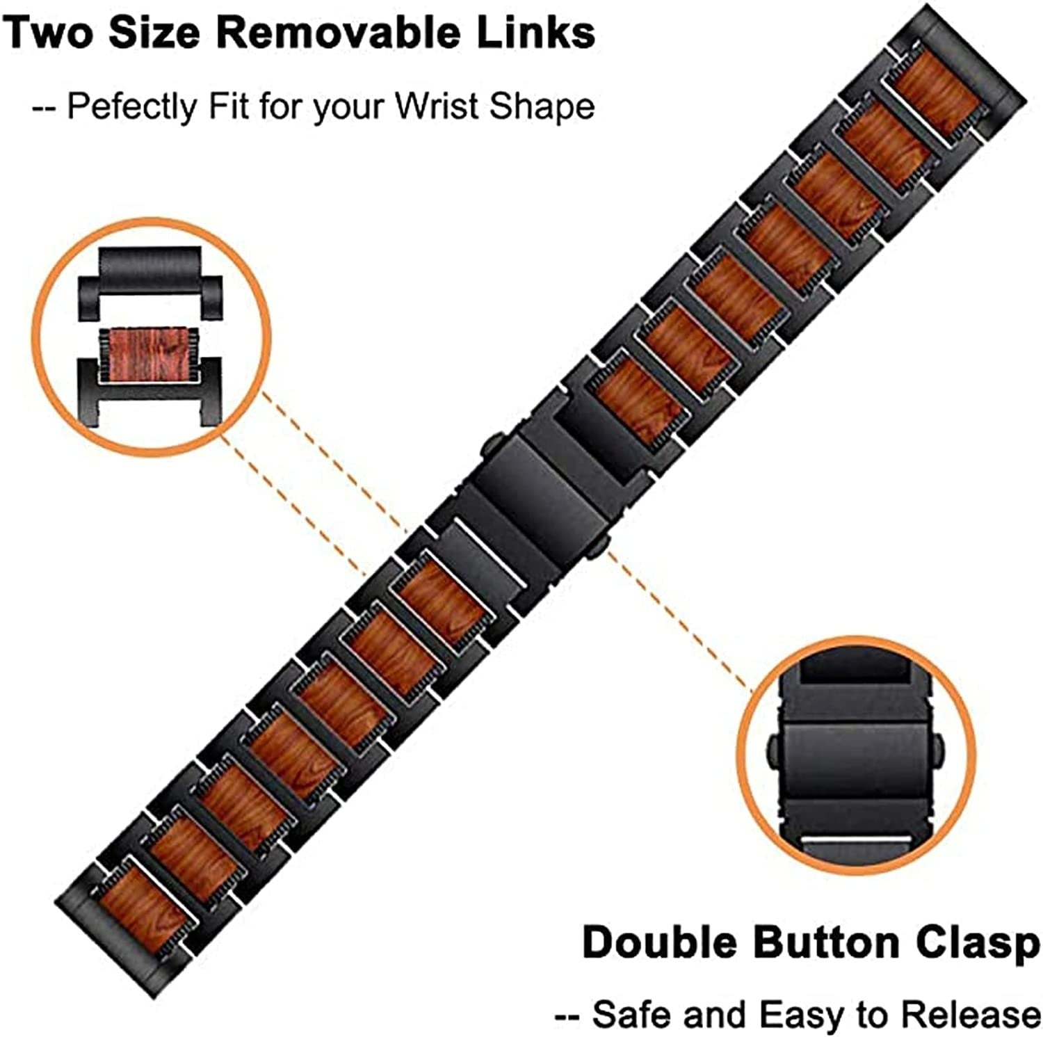 Schwarzes Uhrenarmband mit braunen Holzeinsätzen. Merkmale sind abnehmbare Glieder und ein Doppelknopfverschluss.