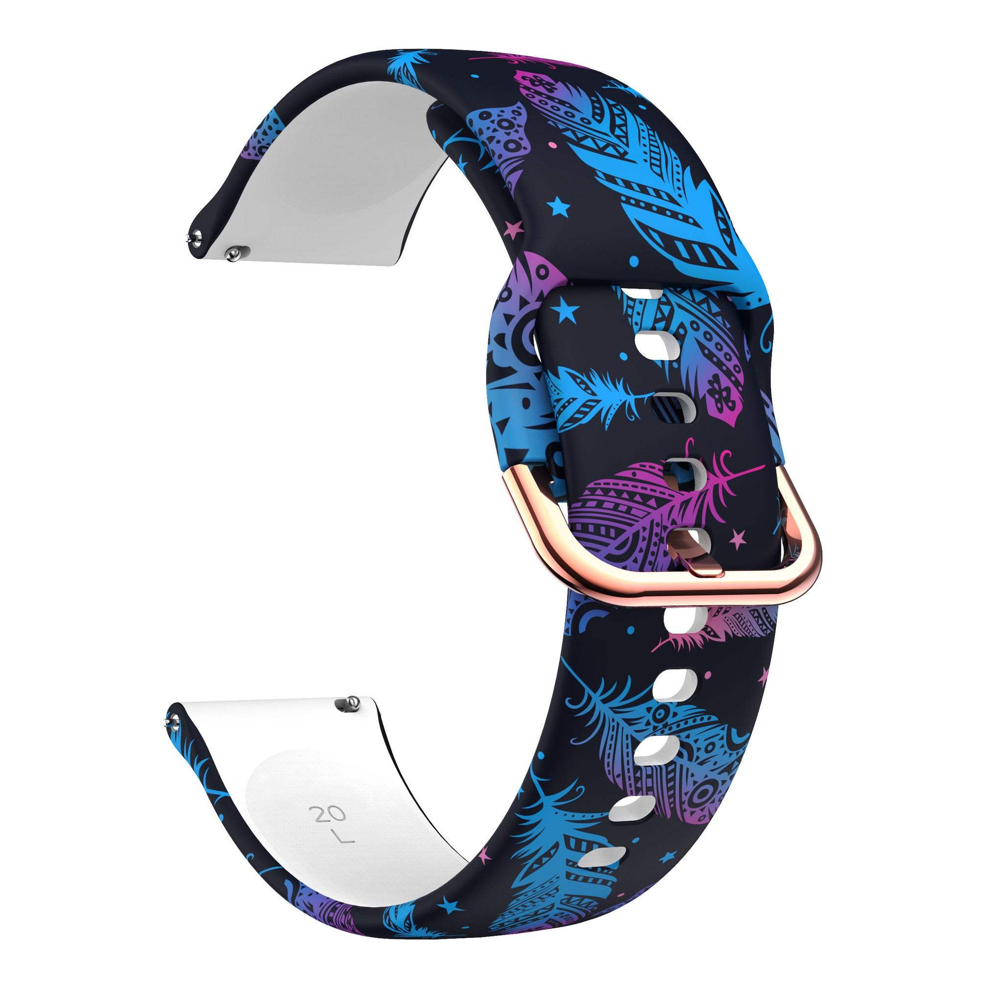 Schwarzes Uhrenarmband mit blauem, violettem Federmuster und goldener Schnalle.