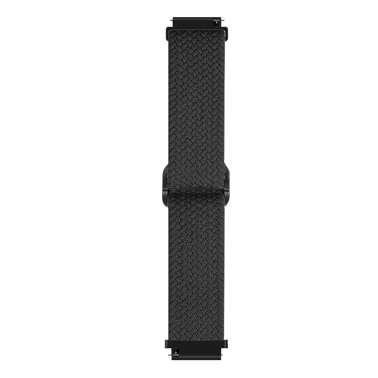 Ein schwarzes Uhrenarmband, vertikal auf weißem Hintergrund zentriert. Das Armband hat eine strukturierte Oberfläche und einen Metallverschluss.