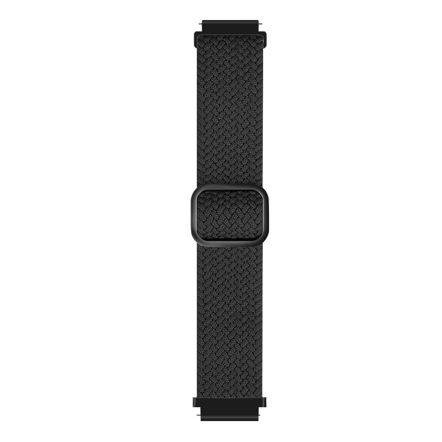 Ein schwarzes Uhrenarmband. Das Armband hat ein gewebtes Muster, mit schwarzer Schnalle und Anschlüssen vor weißem Hintergrund.