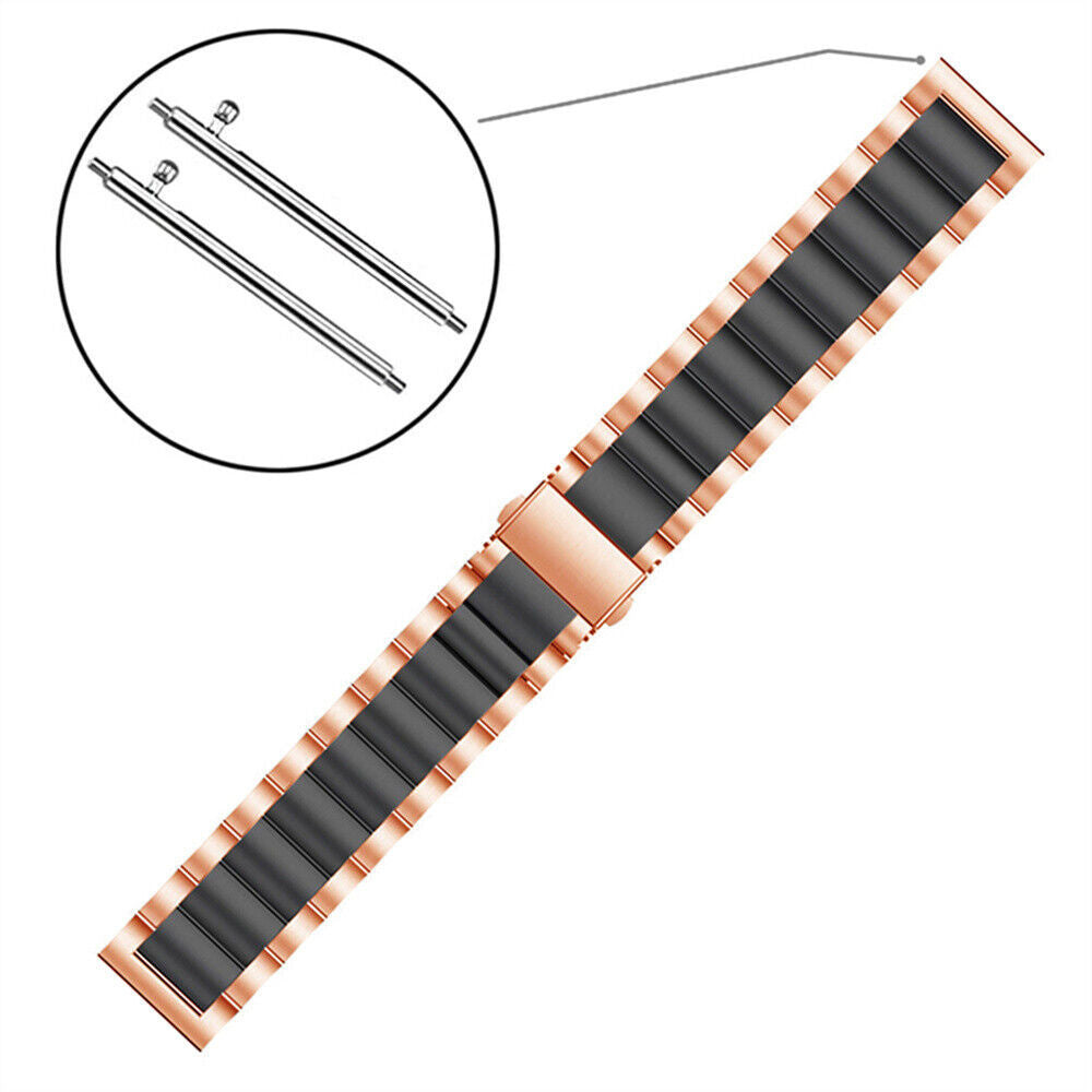 Ein Uhrenarmband mit schwarzen Gliedern und roségoldenen Kanten. Zwei kleine silberne Stifte befinden sich in einem Kreis darüber. Der Hintergrund ist weiß.