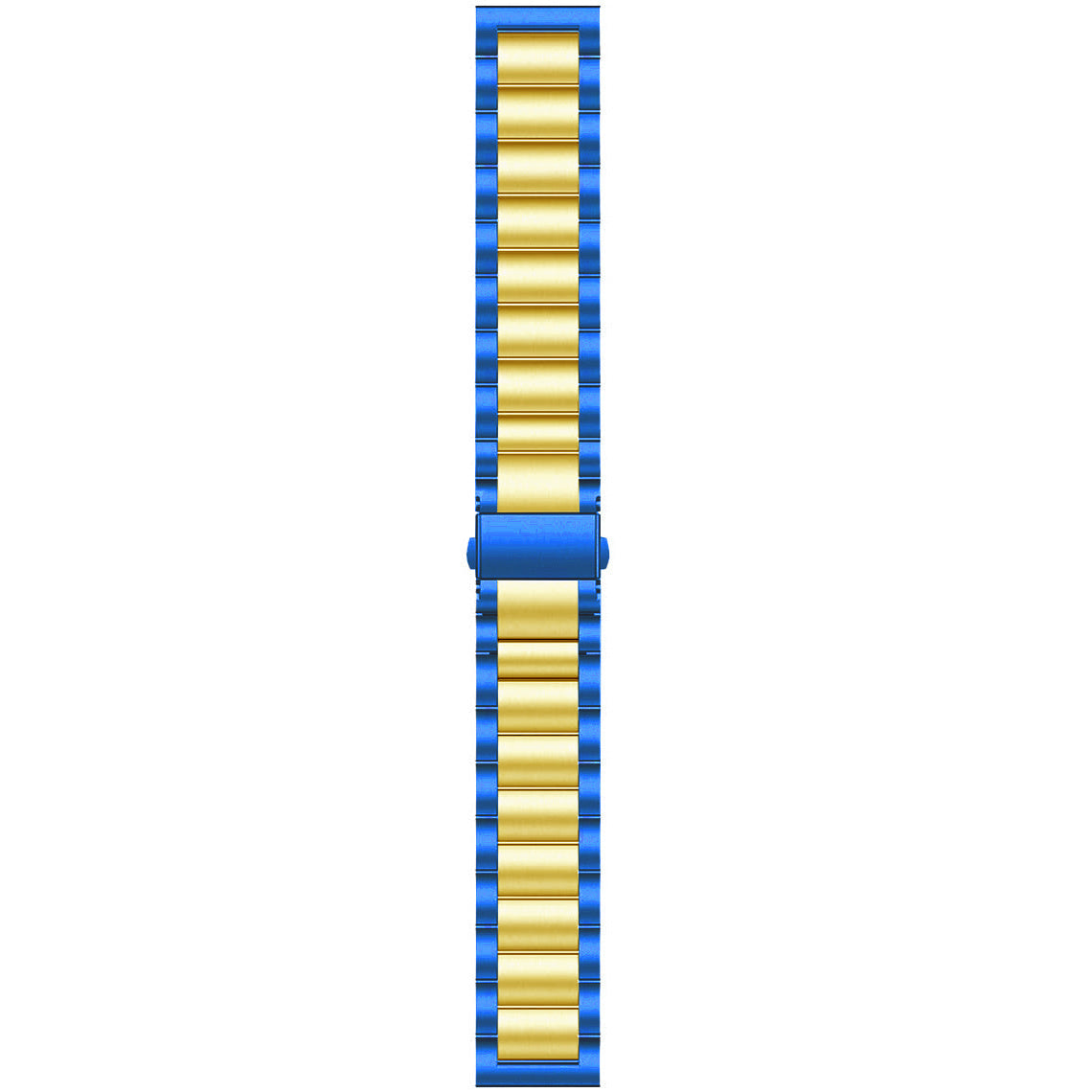 Ein Uhrenarmband mit goldfarbenen Gliedern und blauen Rändern, verbunden durch einen blauen Verschluss, auf weißem Hintergrund.
