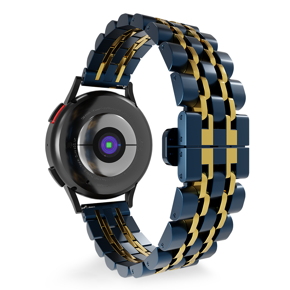 Eine schwarze Smartwatch mit einem blau-goldenen Kettengliederarmband. Die Rückseite der Uhr ist sichtbar, mit Sensor und rotem Knopf.