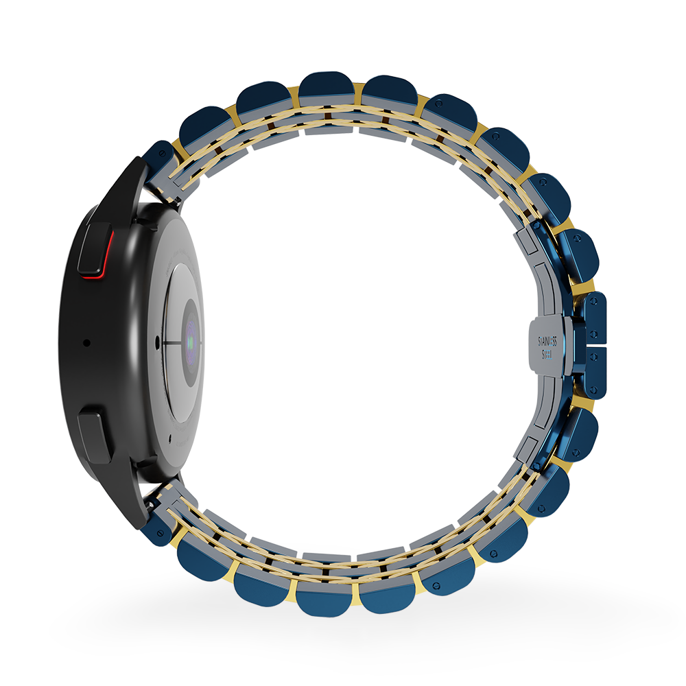 Schwarze Smartwatch mit blau-goldenem Armband. Das Armband besteht aus mehreren verbundenen Segmenten. Die Uhr ist auf weißem Grund.