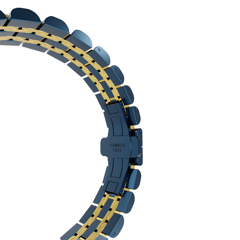 Ein gebogenes Uhrenarmband. Es ist blau und goldfarben. Der Verschluss trägt die Aufschrift 'Edelstahl'. Der Hintergrund ist weiß.