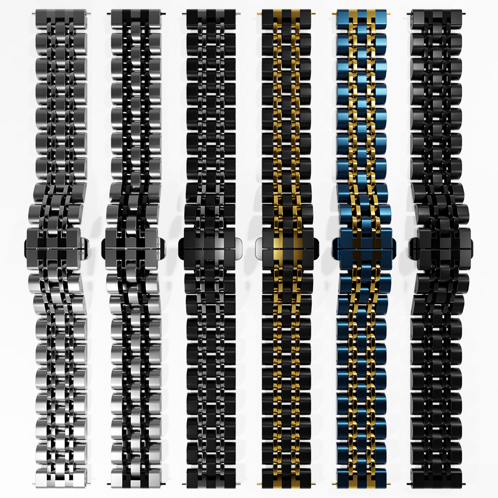 Sechs Uhrenarmbänder in verschiedenen Designs und Farben werden auf weißem Hintergrund angezeigt. Armbänder sind silber, schwarz, gold und blau.