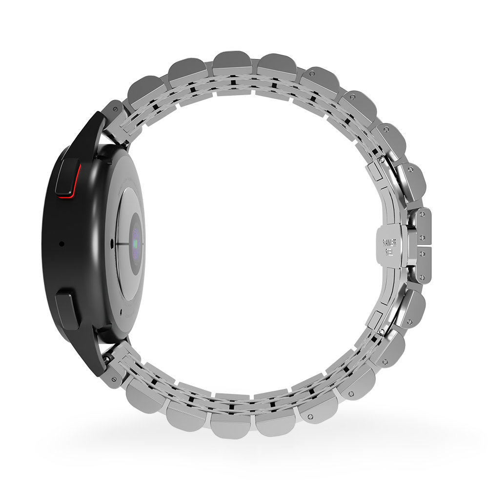 Eine schwarze Smartwatch mit silbernem Metallarmband. Das Armband ist gebogen, das Zifferblatt ist sichtbar.