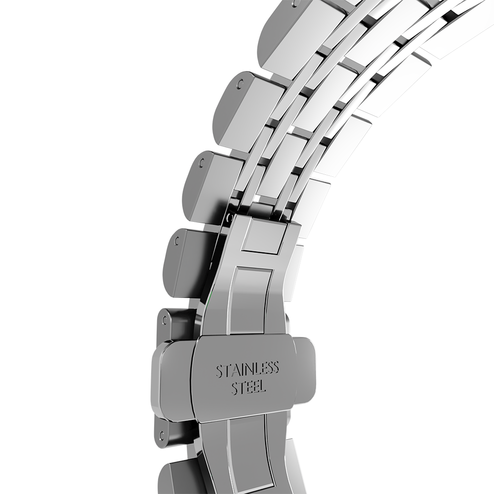 Nahaufnahme eines Edelstahl-Uhrenarmbands. Der Verschluss des Armbands ist sichtbar, mit der Gravur "STAINLESS STEEL".