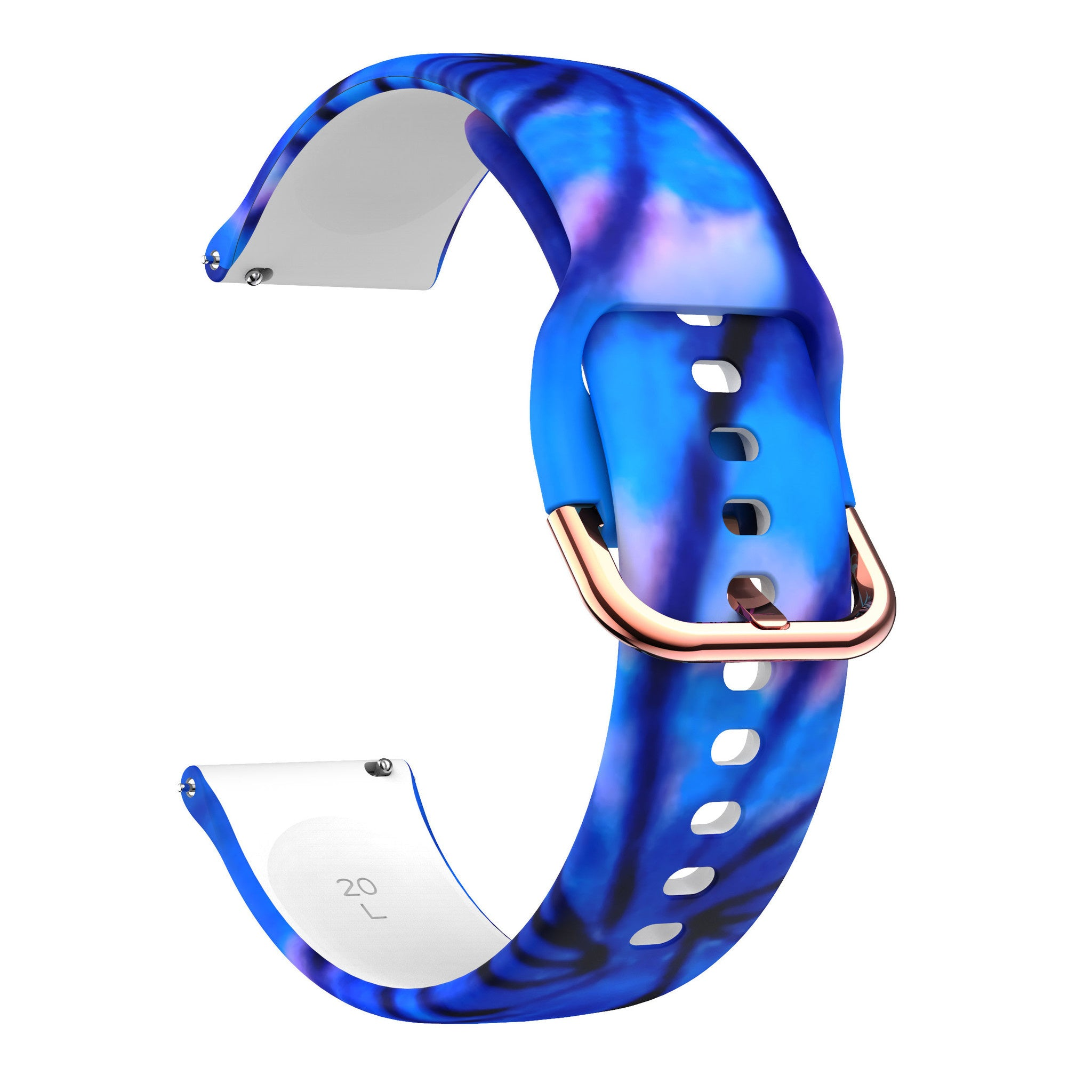 Ein blaues Uhrenarmband mit weißer Innenfläche, Bronzeschnalle und blau gemusterter Außenseite.
