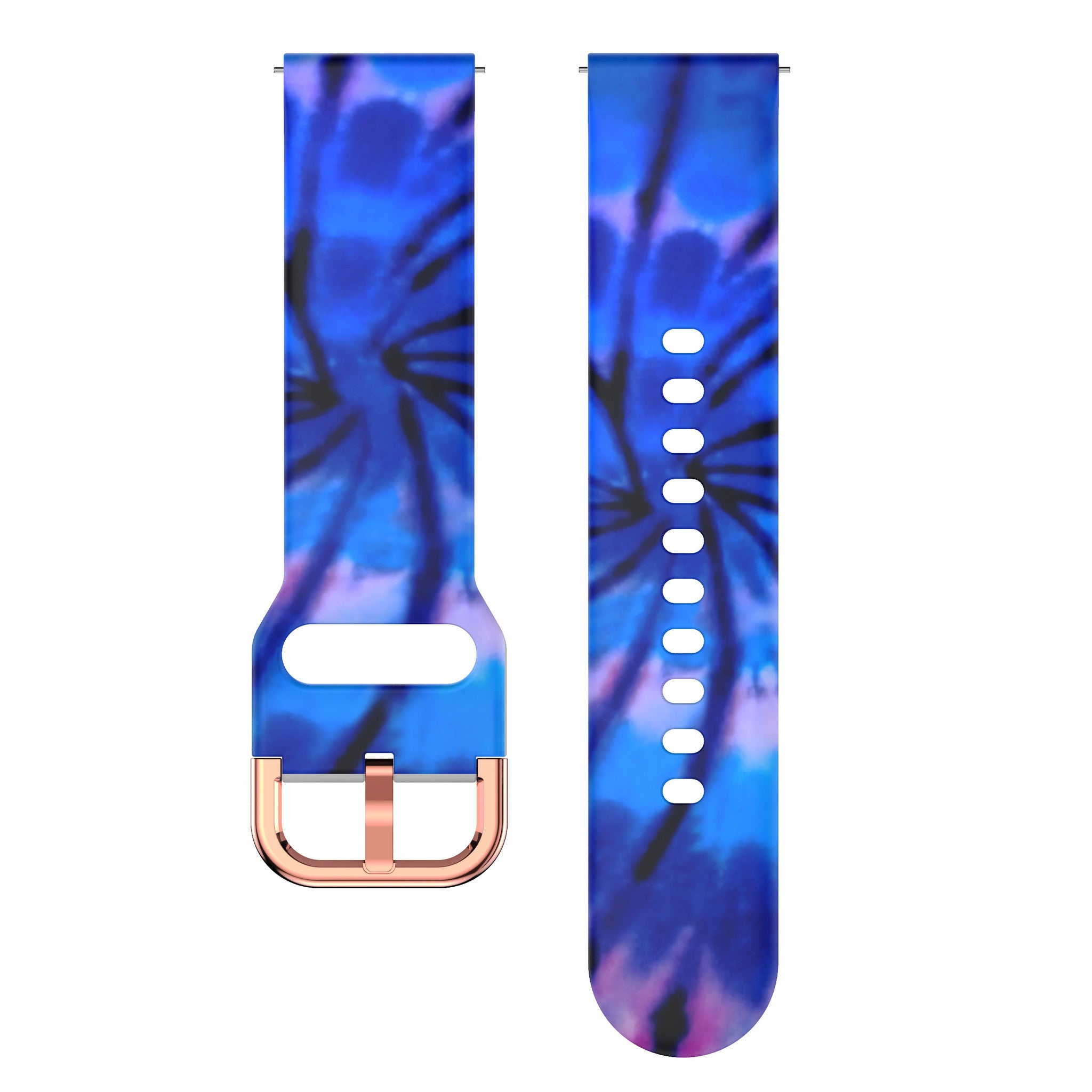 Zwei blaue Armbänder mit Batikmuster. Eines hat eine roségoldene Schnalle. Das andere hat Löcher zum Befestigen.