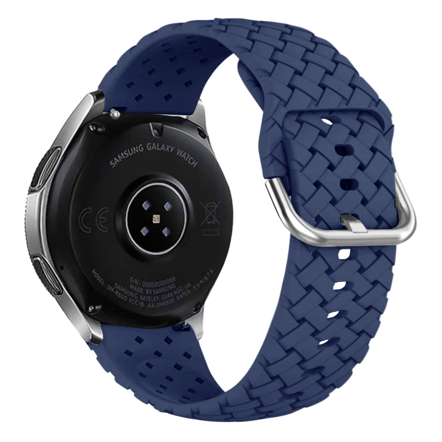 Eine marineblaue Samsung Galaxy Watch mit passendem gewebtem Armband. Die Rückseite der Uhr ist sichtbar.