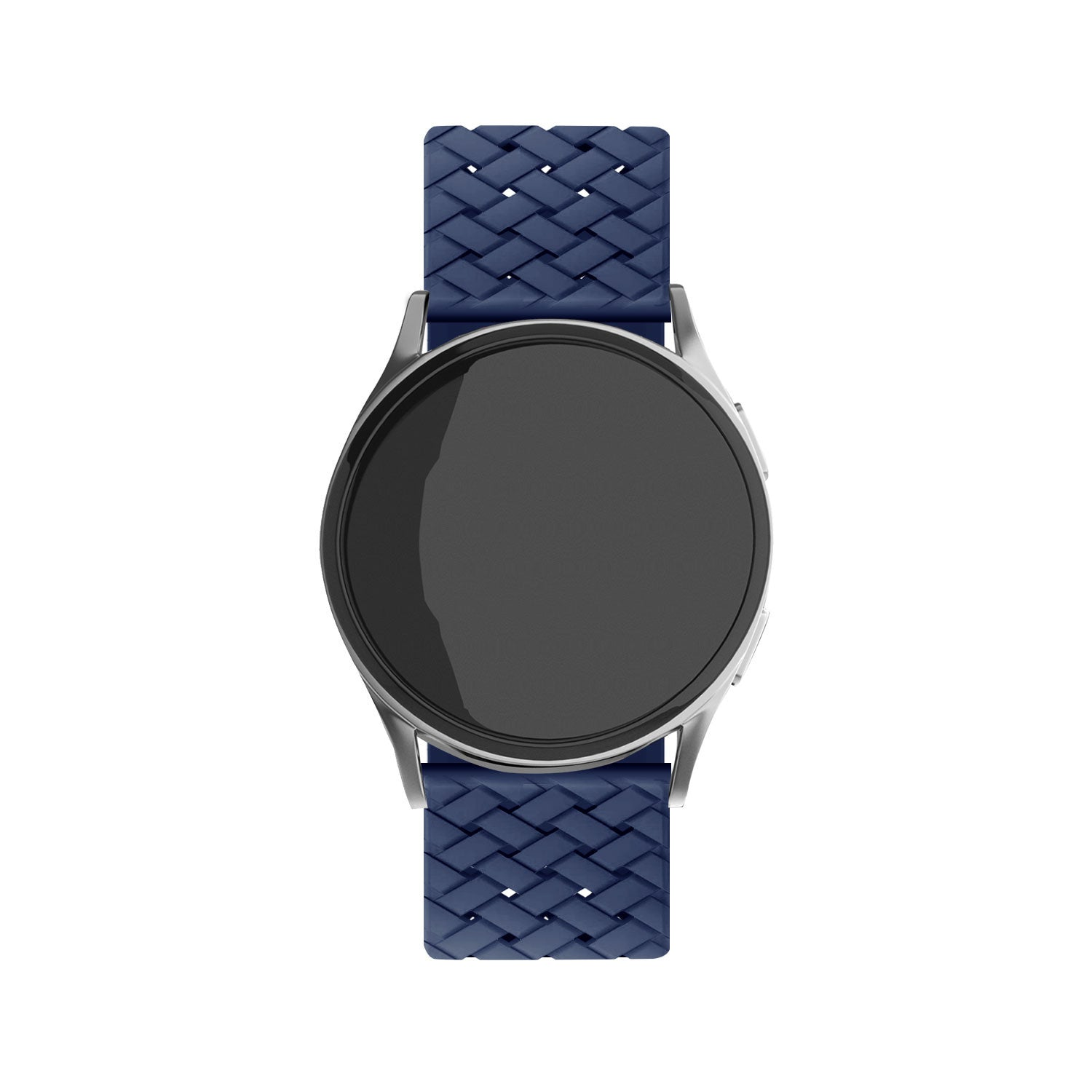 Eine Smartwatch mit schwarzem Bildschirm und blau gewebten Armbändern. Die Uhr hat ein silbernes Gehäuse und ist vor weißem Hintergrund zentriert.