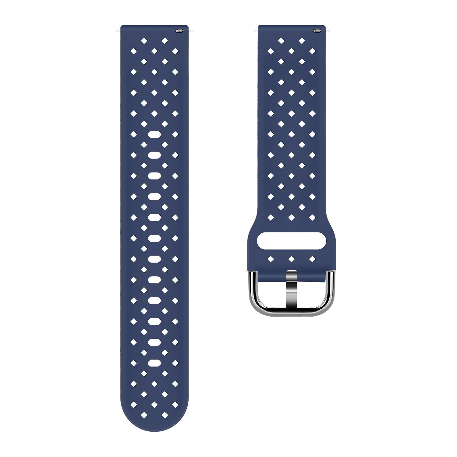 Zwei dunkelblaue Uhrenarmbänder. Eines mit Löchern, das andere mit einer silbernen Schnalle. Beide haben Befestigungsstifte.