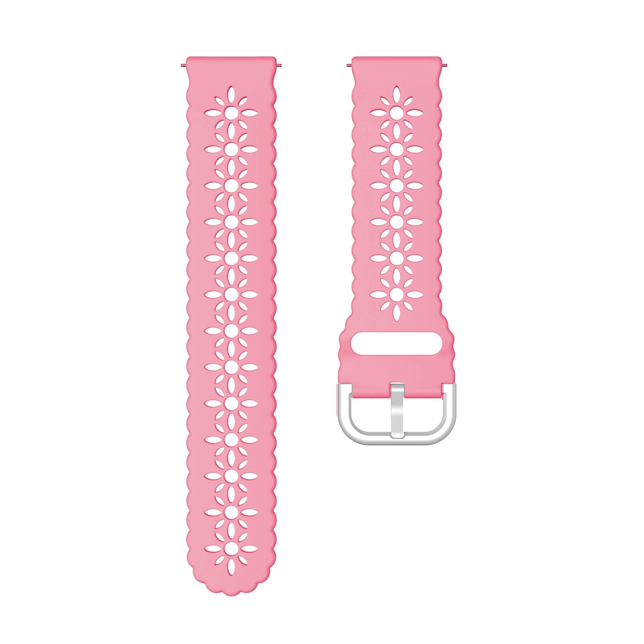 Rosa Uhrenarmband mit floralen Ausschnitten und einer silbernen Schnalle. Der Hintergrund ist weiß.