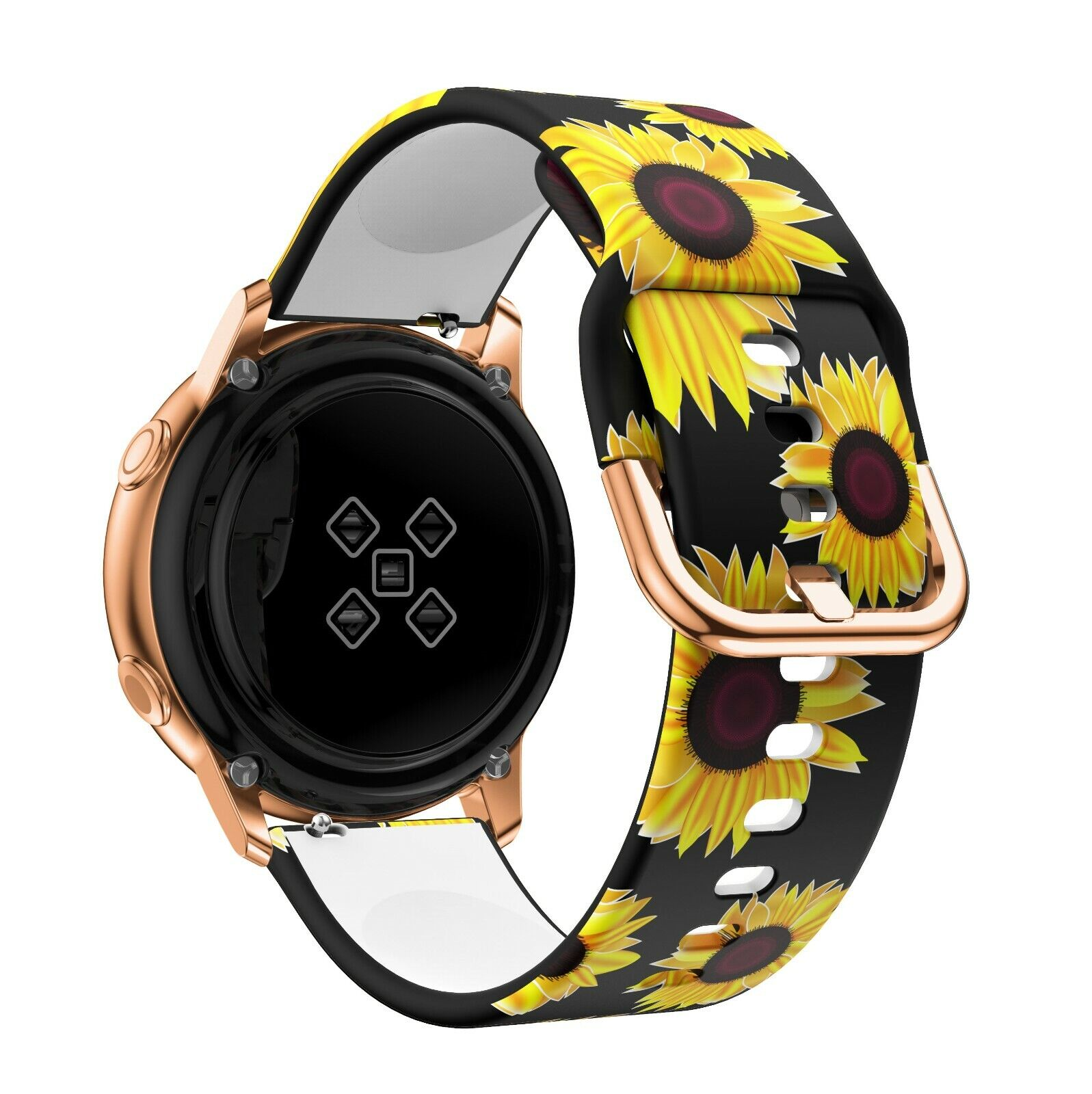 Smartwatch mit schwarzem Armband mit Sonnenblumenmuster. Es hat ein roségoldenes Gehäuse und einen schwarzen Bildschirm.