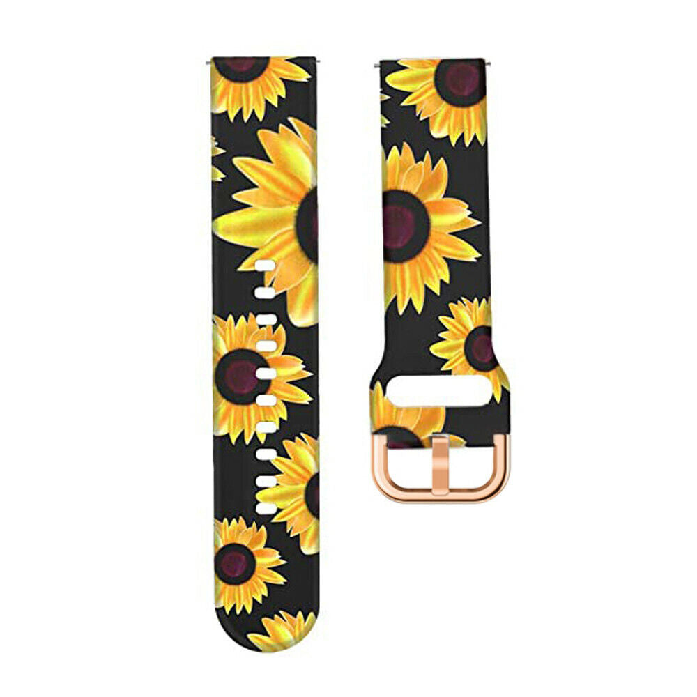 Schwarze Uhrenarmbänder mit gelben Sonnenblumen. Ein Band hat eine roségoldene Schnalle. Beide haben ein Sonnenblumenmuster.