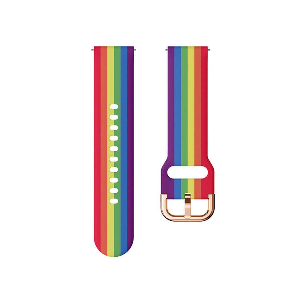 Zwei Regenbogenfarbene Uhrenarmbänder. Eines hat Löcher, das andere hat eine goldene Schnalle. Farben sind rot, orange, gelb, grün, blau und lila.