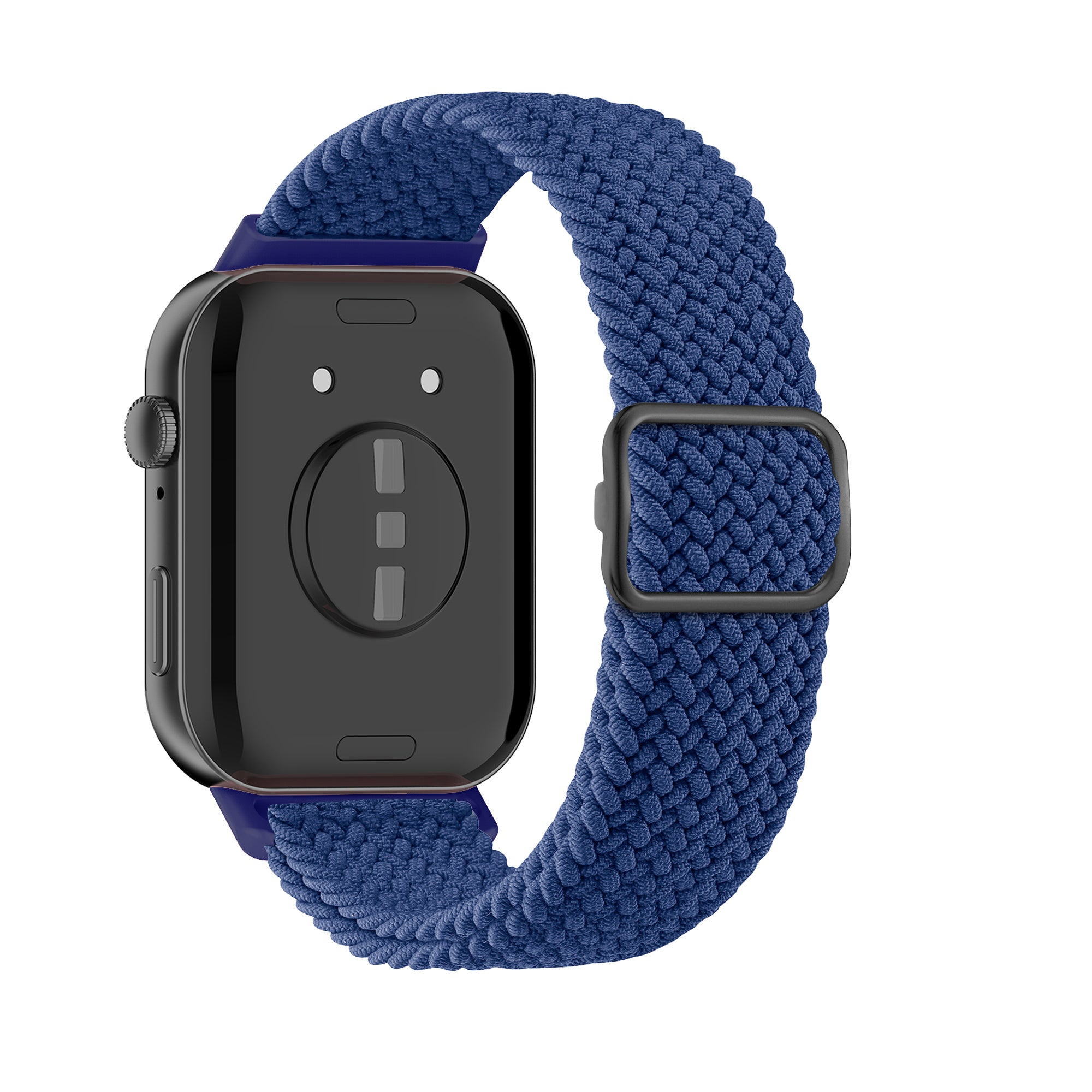 Eine schwarze Smartwatch mit einem dunkelblauen geflochtenen Armband, einer schwarzen Schnalle und einem weißen Hintergrund.