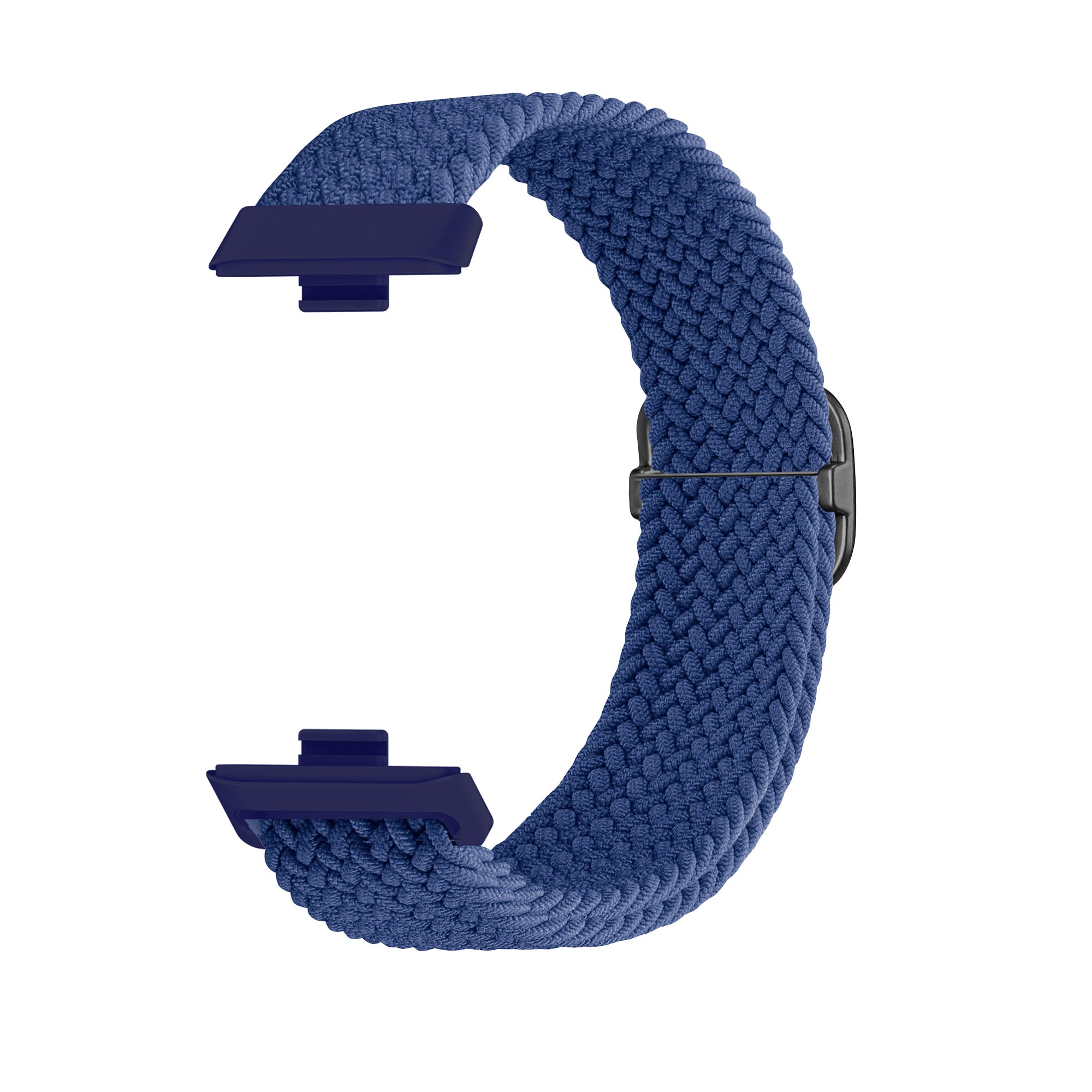 Ein blau geflochtenes Uhrenarmband mit dunkelblauen Anschlüssen und einer schwarzen Schließe, vor weißem Hintergrund.