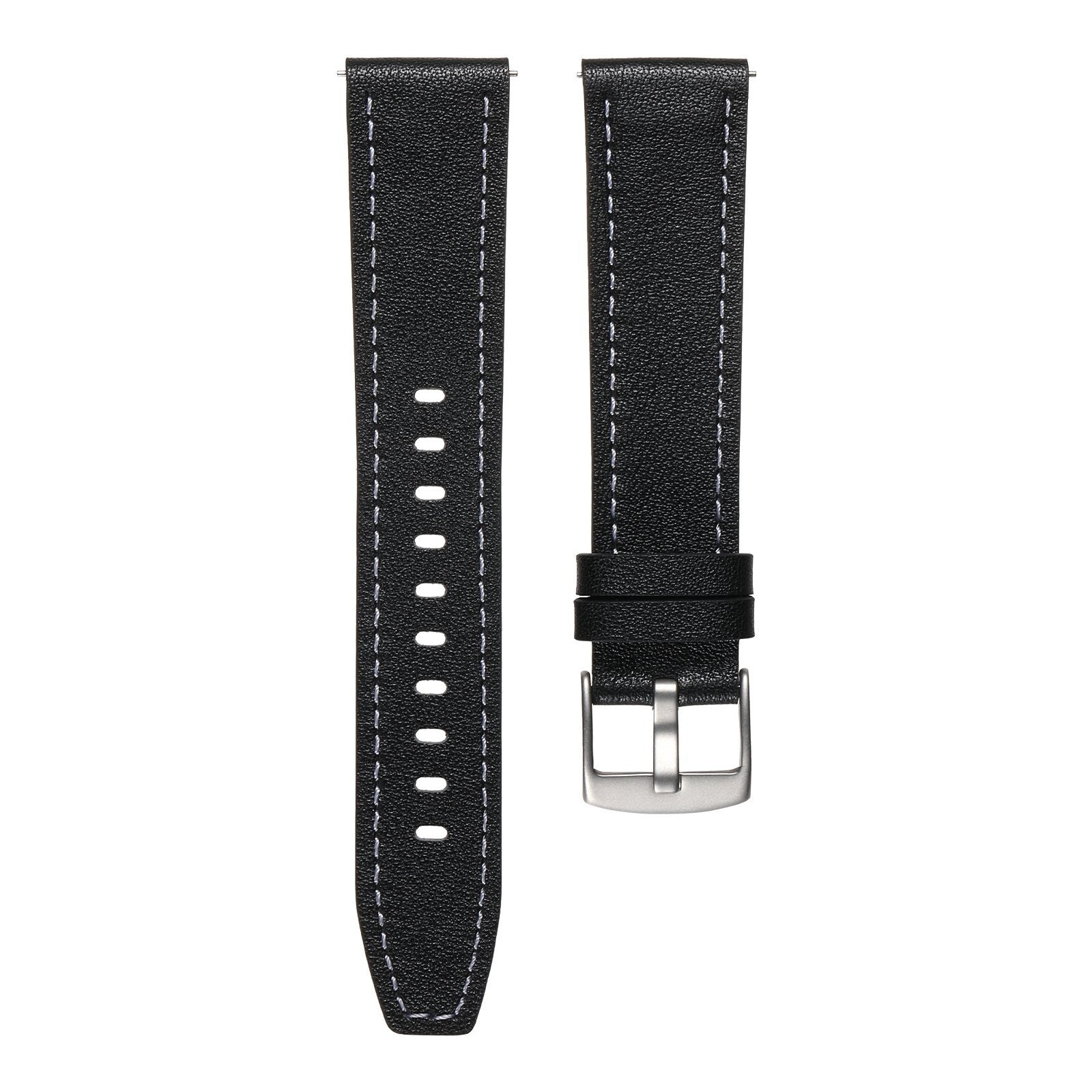 Schwarzes Leder-Uhrenarmband mit weißen Nähten. Eine Seite hat Löcher, die andere eine silberne Schnalle. Isoliert auf Weiß.